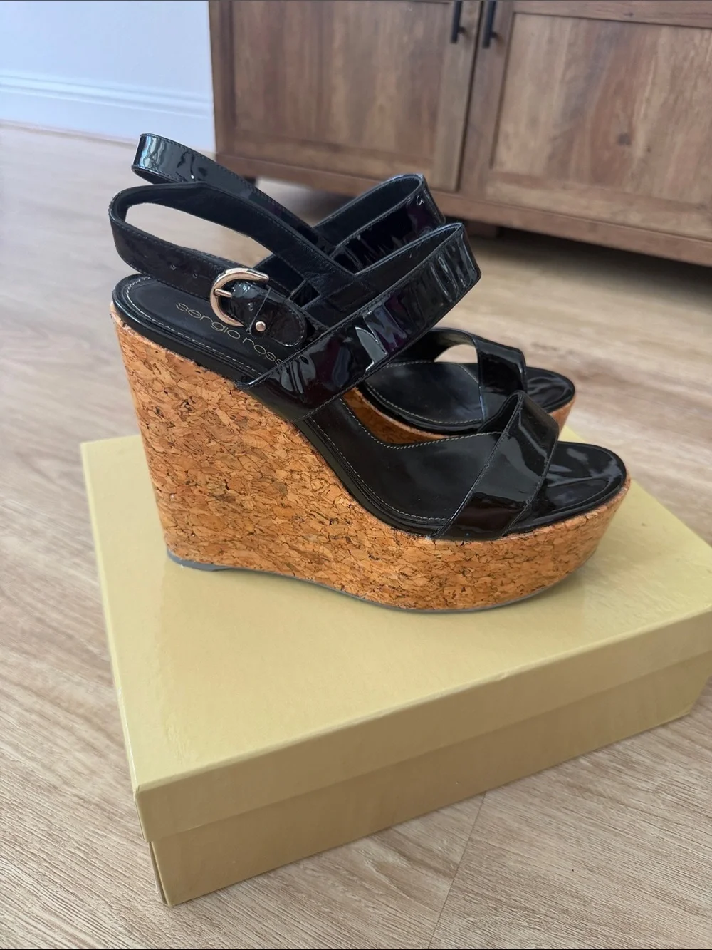 Sergio Rossi Black Patent Cork Wedge Sandals